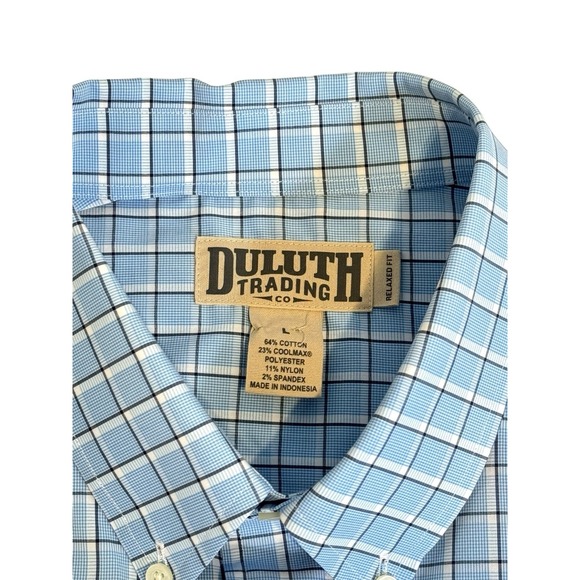Duluth Trading Shirt Men's LARGE Button Down Short Sleeve Blue Plaid Relaxed Fit - Picture 7 of 8